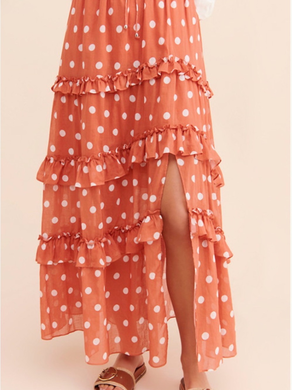 Polka Dot Ruffle Maxi Skirt in Coral with Side Slit